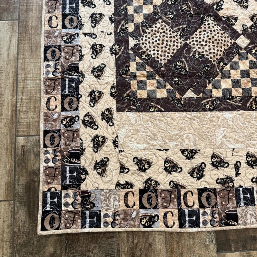 Handmade Coffee Patchwork Quilt Brown Cream Coffee Bean Cup Typography 70x80